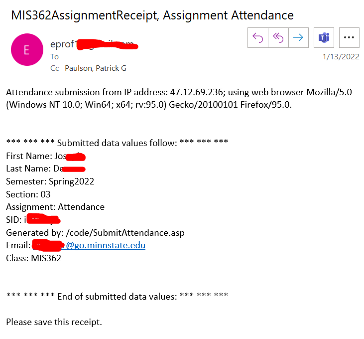 attendance email receipt